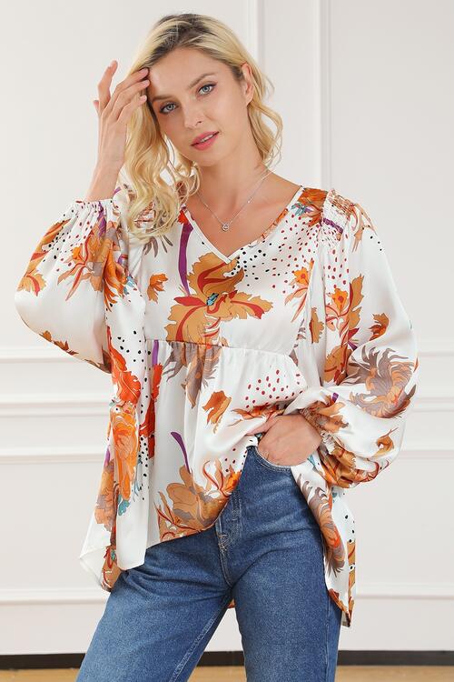 Printed V-Neck Smocked Balloon Sleeve Blouse BLUE ZONE PLANET