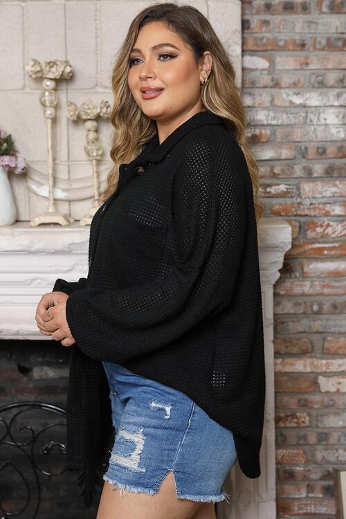 Plus Size Waffle Knit Button Up Collared Neck Shirt BLUE ZONE PLANET