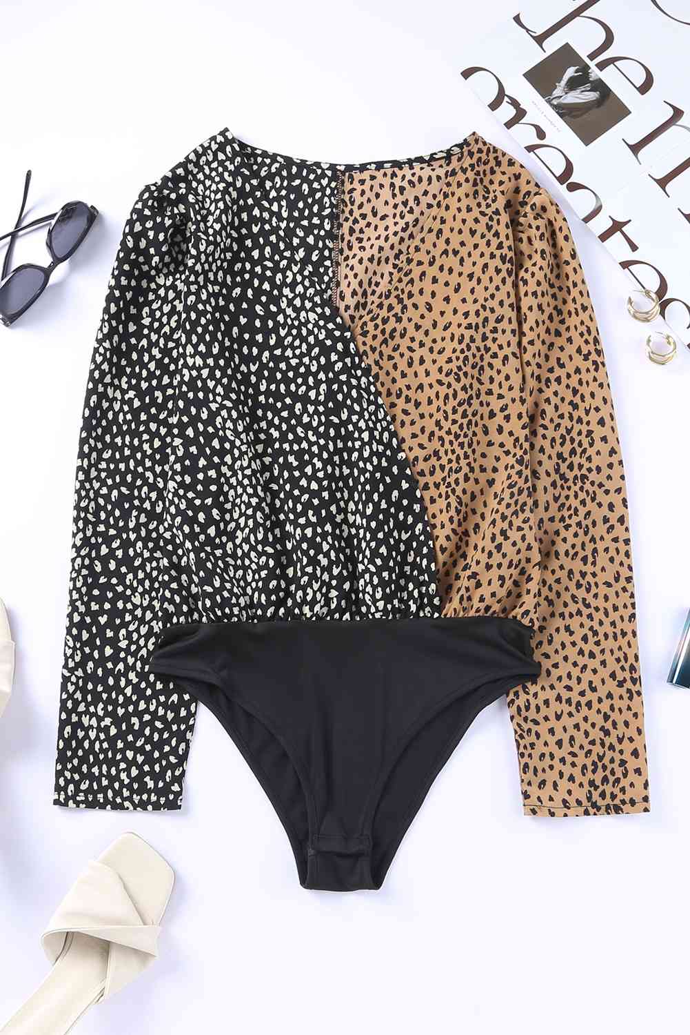 Leopard Surplice Neck Long Sleeve Bodysuit BLUE ZONE PLANET