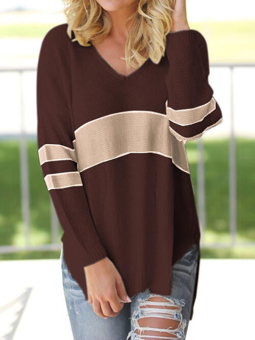 Striped V-Neck Long Sleeve Sweater BLUE ZONE PLANET