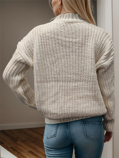 Cable-Knit Mock Neck Long Sleeve Sweater BLUE ZONE PLANET