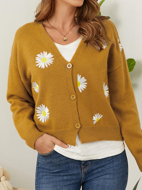 Flower Button Front Dropped Shoulder Cardigan BLUE ZONE PLANET