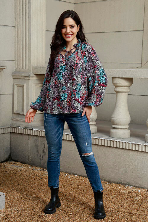 Tie Neck Heathered Balloon Sleeve Blouse BLUE ZONE PLANET