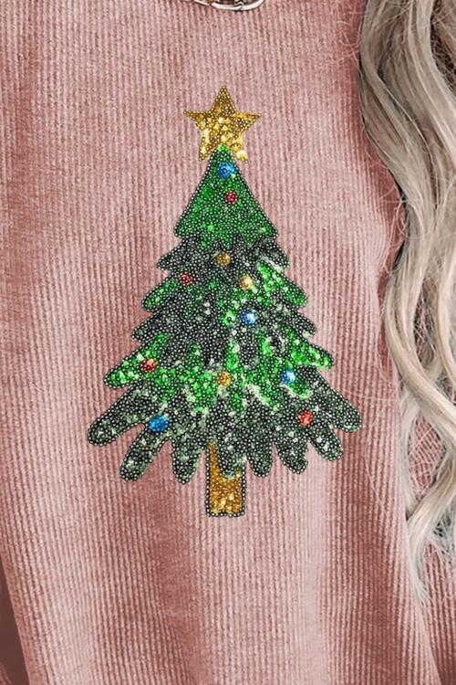 Sequin Christmas Tree Ribbed Drop Shoulder Sweatshirt-TOPS / DRESSES-[Adult]-[Female]-2022 Online Blue Zone Planet