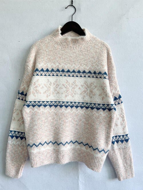 Geometric Mock Neck Dropped Shoulder Sweater BLUE ZONE PLANET