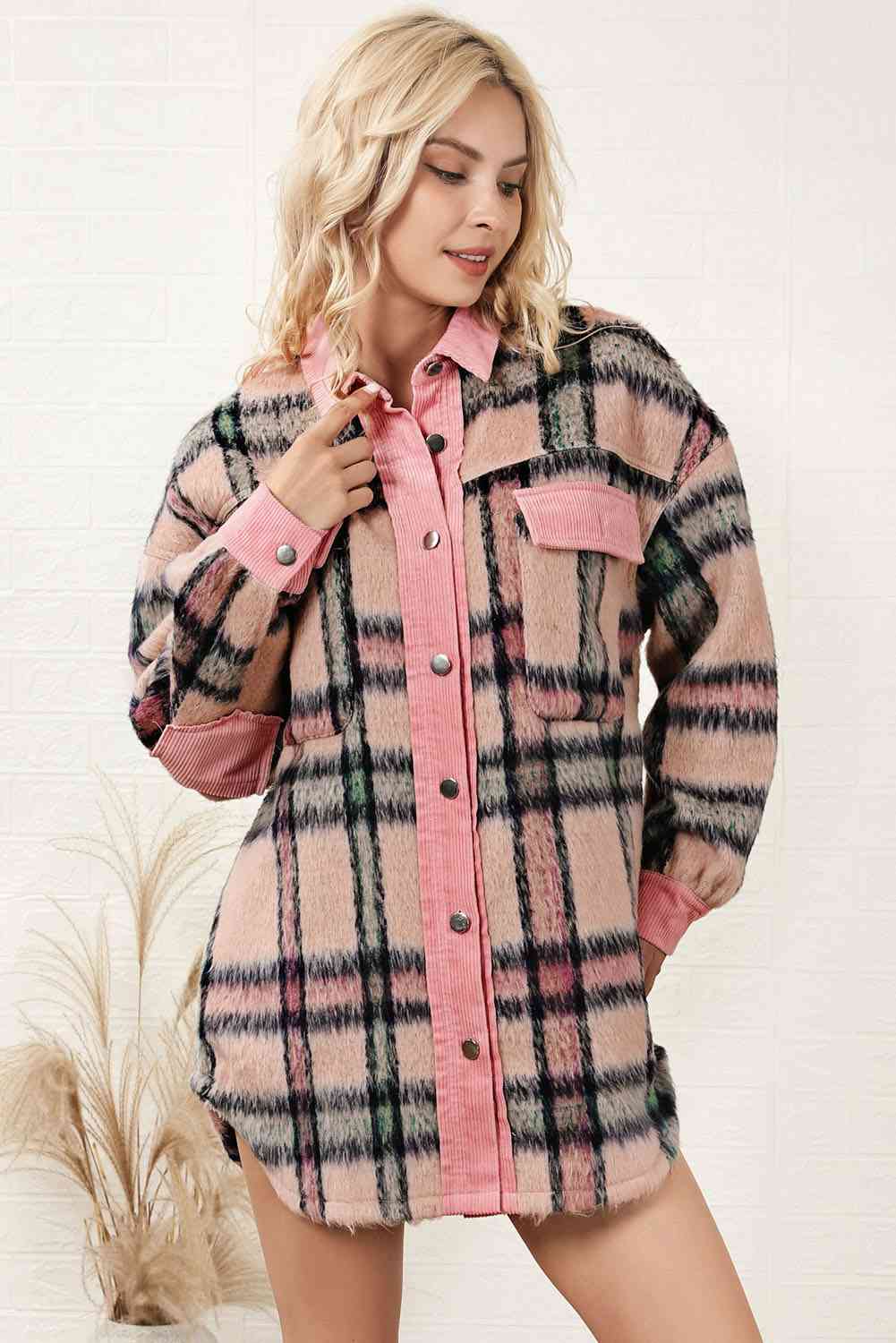 Plaid Button Down Drop Shoulder Jacket BLUE ZONE PLANET