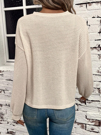 Waffle-Knit Round Neck Long Sleeve T-Shirt Trendsi