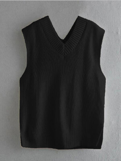 Ribbed V-Neck Sleeveless Sweater Vest BLUE ZONE PLANET