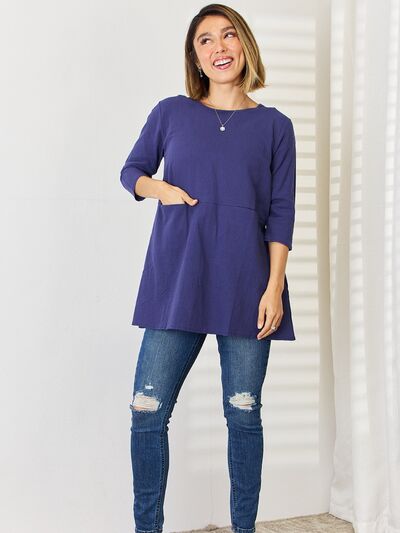 Pocketed Round Neck Half Sleeve Blouse BLUE ZONE PLANET