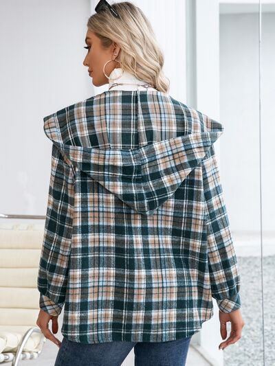 Plaid Snap Down Hooded Jacket Trendsi