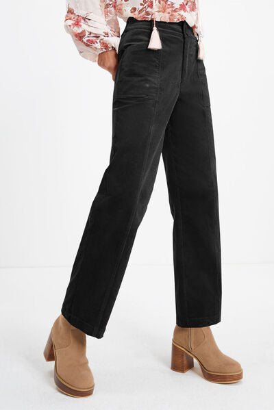 Pocketed Elastic Waist Straight Pants BLUE ZONE PLANET