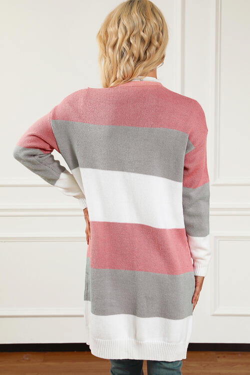 Striped Open Front Long Sleeve Cardigan BLUE ZONE PLANET