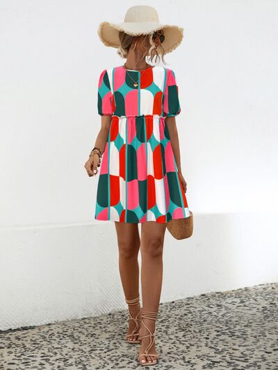 Blue Zone Planet |  Geometric Frill Round Neck Short Sleeve Dress BLUE ZONE PLANET