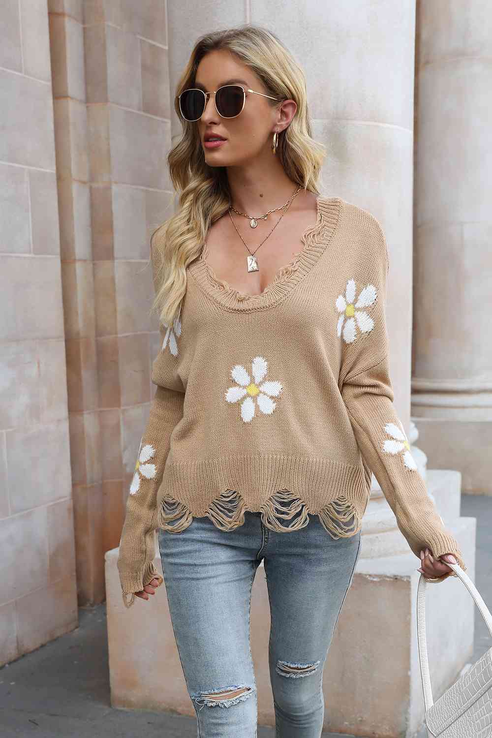 Flower Distressed Long Sleeve Sweater BLUE ZONE PLANET