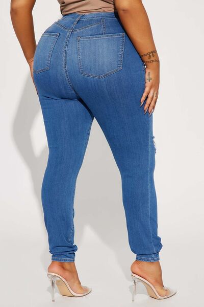 Distressed Buttoned Jeans with Pockets BLUE ZONE PLANET