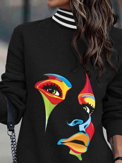 Printed Turtleneck Long Sleeve Mini Dress BLUE ZONE PLANET