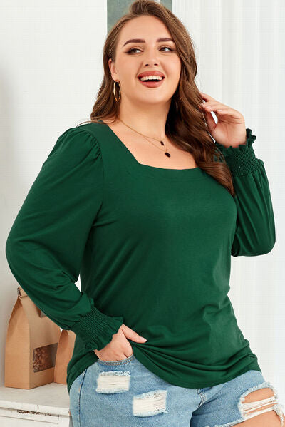 Plus Size Square Neck Lantern Sleeve T-Shirt-TOPS / DRESSES-[Adult]-[Female]-Green-1XL-2022 Online Blue Zone Planet