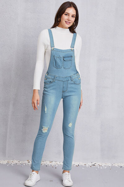 Blue Zone Planet |  Distressed Washed Denim Overalls with Pockets BLUE ZONE PLANET