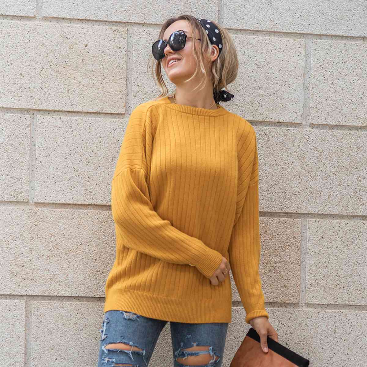 Round Neck Dropped Shoulder Sweater BLUE ZONE PLANET