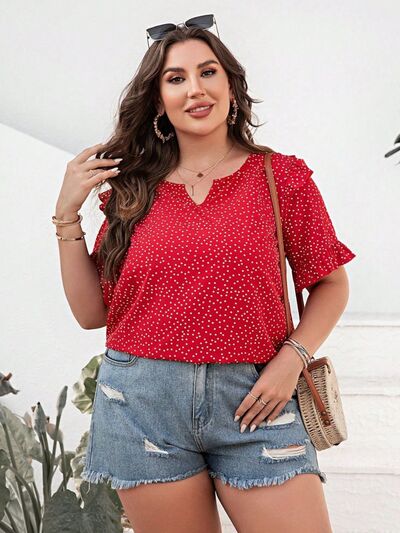 Plus Size Printed Notched Flounce Sleeve Blouse BLUE ZONE PLANET