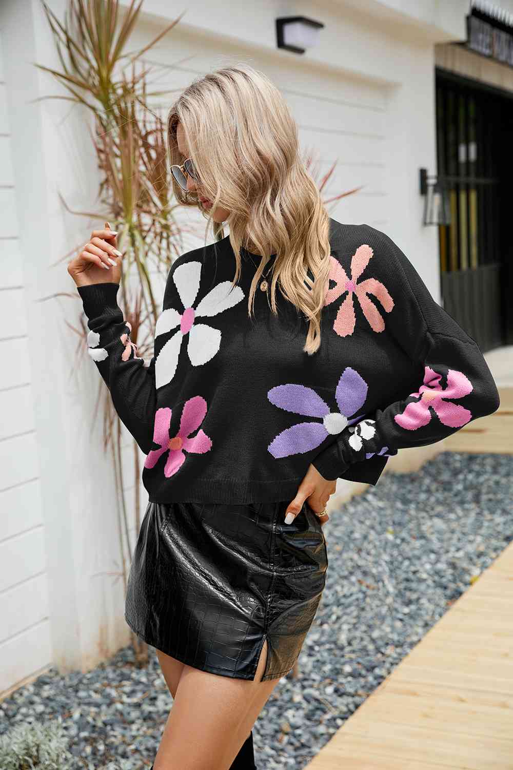 Flower Round Neck Drop Shoulder Sweater BLUE ZONE PLANET