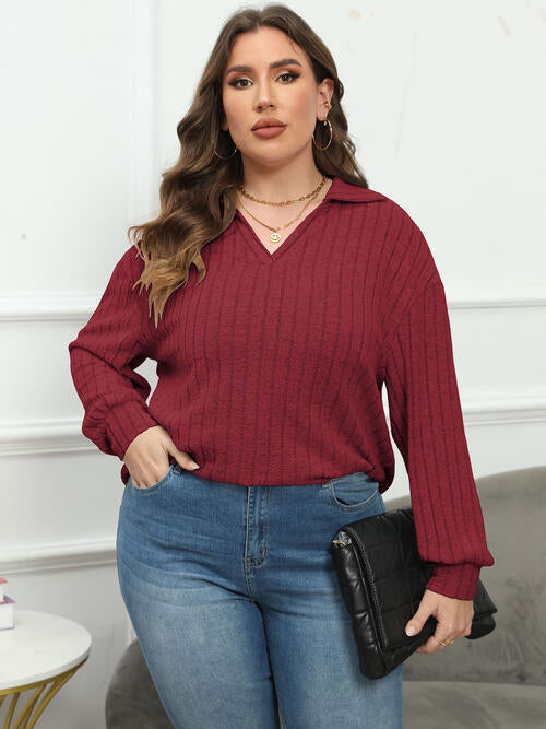 Plus Size Ribbed Collared Neck Long Sleeve Blouse BLUE ZONE PLANET