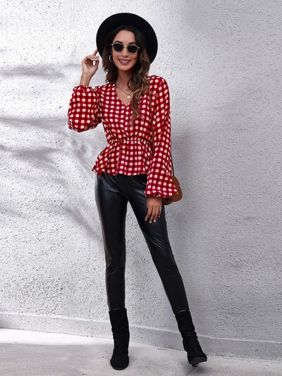 Plaid V-Neck Balloon Sleeve Peplum Blouse BLUE ZONE PLANET