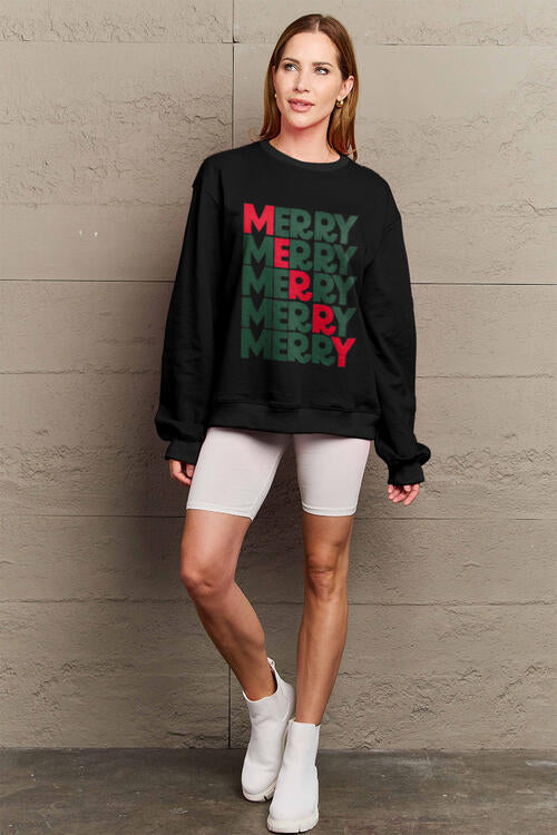 Simply Love Full Size MERRY Long Sleeve Sweatshirt BLUE ZONE PLANET