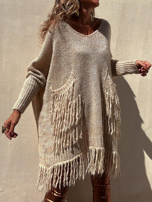 Fringe Detail Long Sleeve Sweater with Pockets BLUE ZONE PLANET