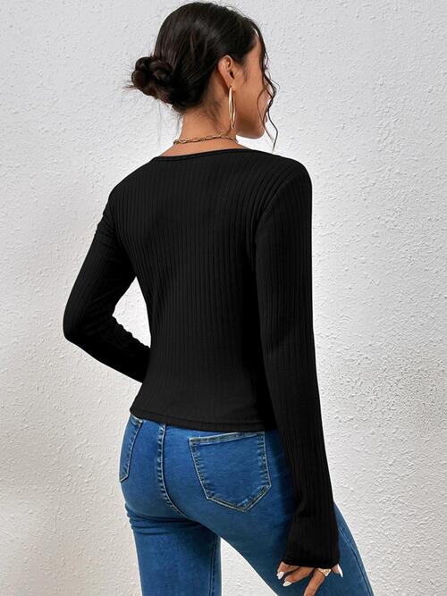 Ribbed Crisscross V-Neck Long Sleeve Knit Top BLUE ZONE PLANET