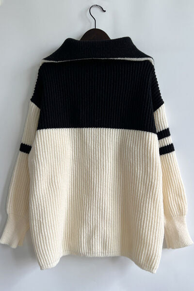 Quarter Zip Striped Dropped Shoulder Sweater Trendsi