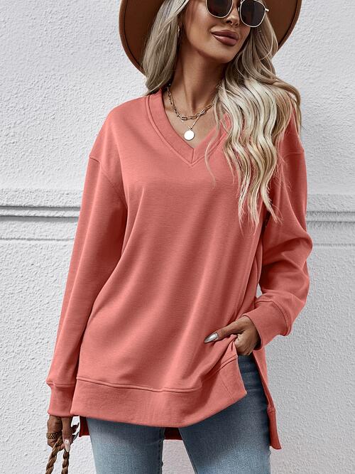 V-Neck Slit Long Sleeve Sweatshirt BLUE ZONE PLANET