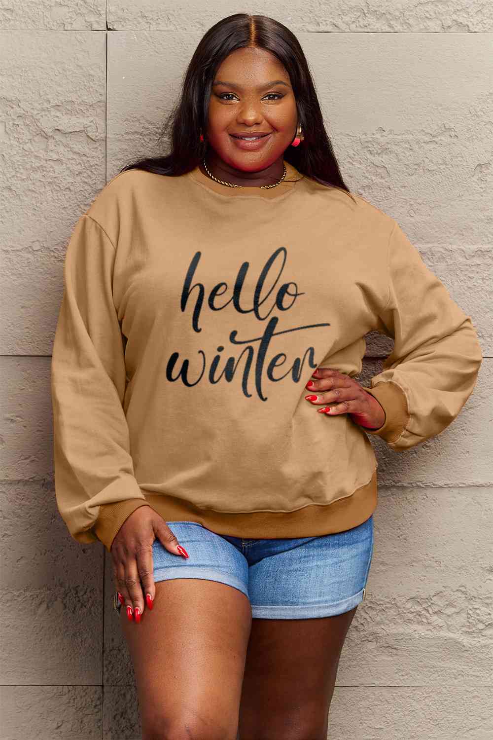 Simply Love Full Size HELLO WINTER Graphic Sweatshirt BLUE ZONE PLANET