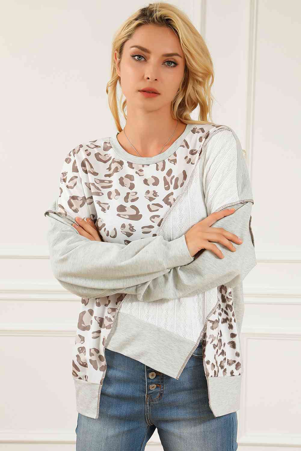 Leopard Exposed Seams Round Neck Sweatshirt BLUE ZONE PLANET