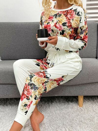 Printed Round Neck Top and Drawstring Pants Lounge Set Trendsi