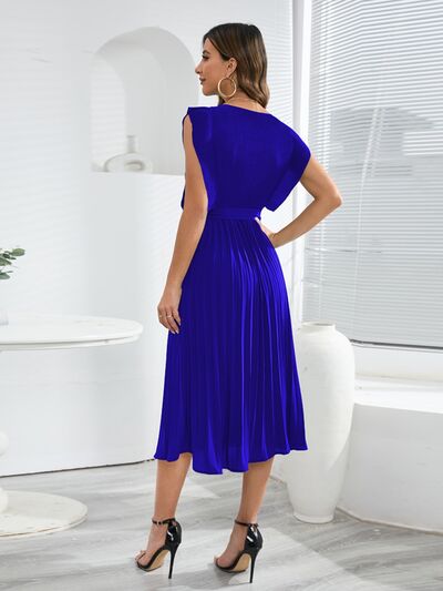 Blue Zone Planet |  Tied Round Neck Pleated Midi Dress BLUE ZONE PLANET