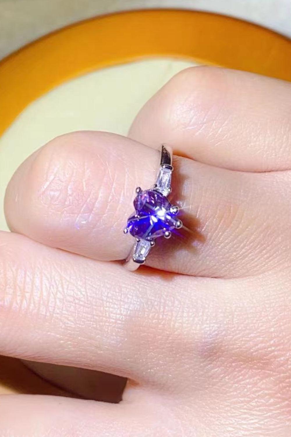 1 Carat Moissanite Heart-Shaped Platinum-Plated Ring in Purple BLUE ZONE PLANET