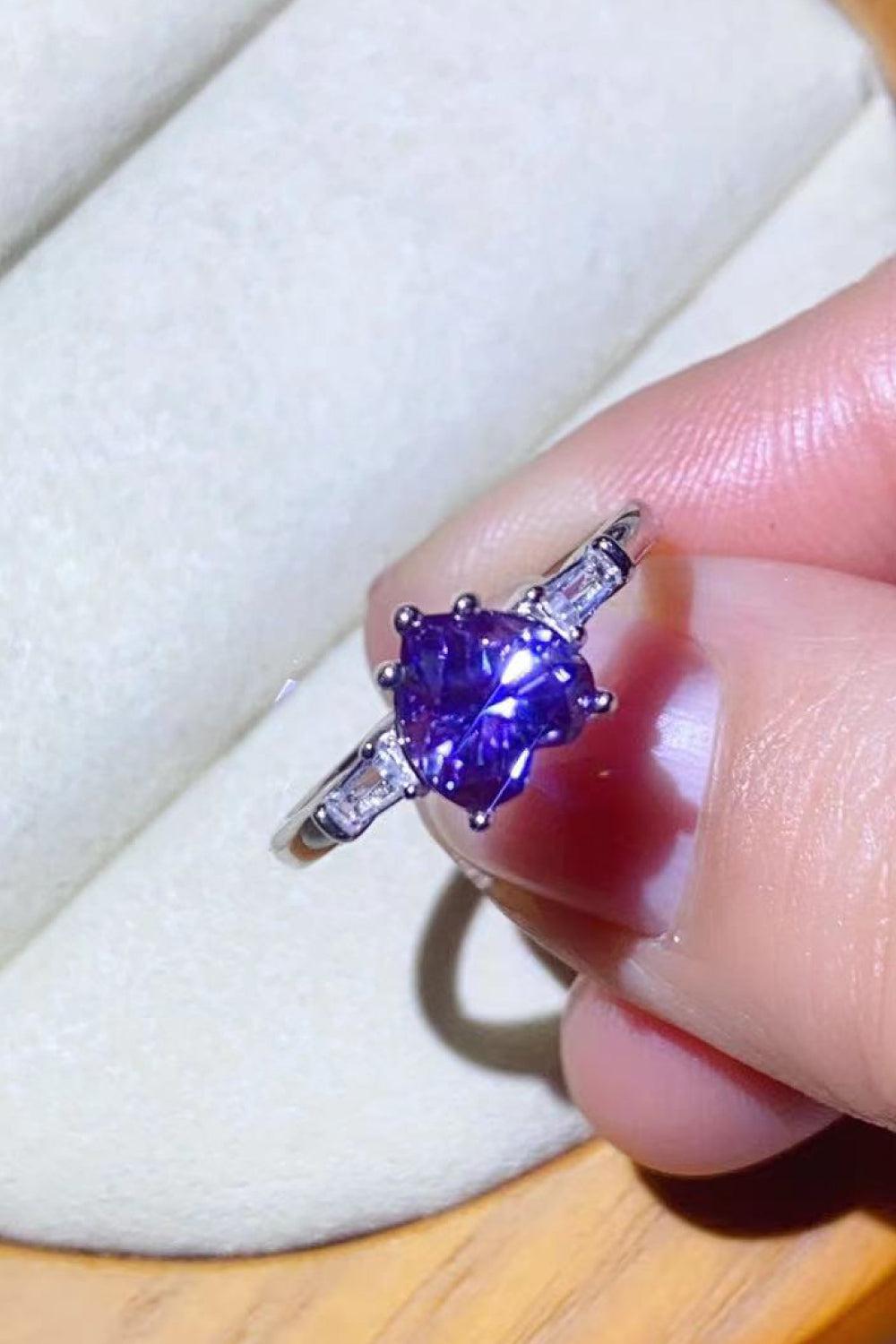 1 Carat Moissanite Heart-Shaped Platinum-Plated Ring in Purple BLUE ZONE PLANET