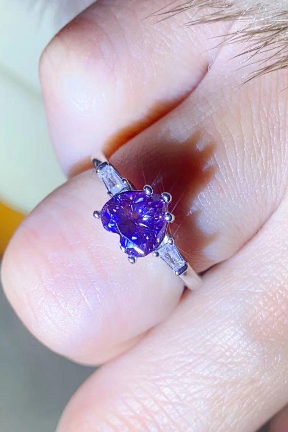 1 Carat Moissanite Heart-Shaped Platinum-Plated Ring in Purple BLUE ZONE PLANET