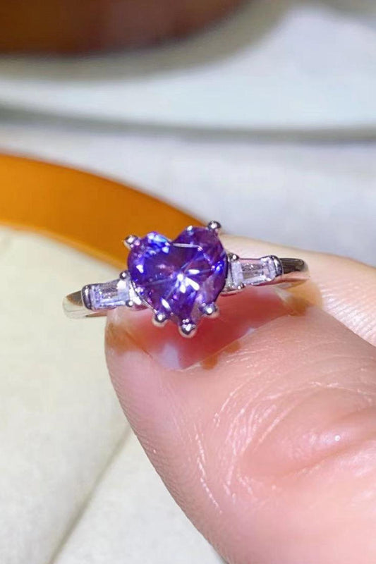 1 Carat Moissanite Heart-Shaped Platinum-Plated Ring in Purple BLUE ZONE PLANET