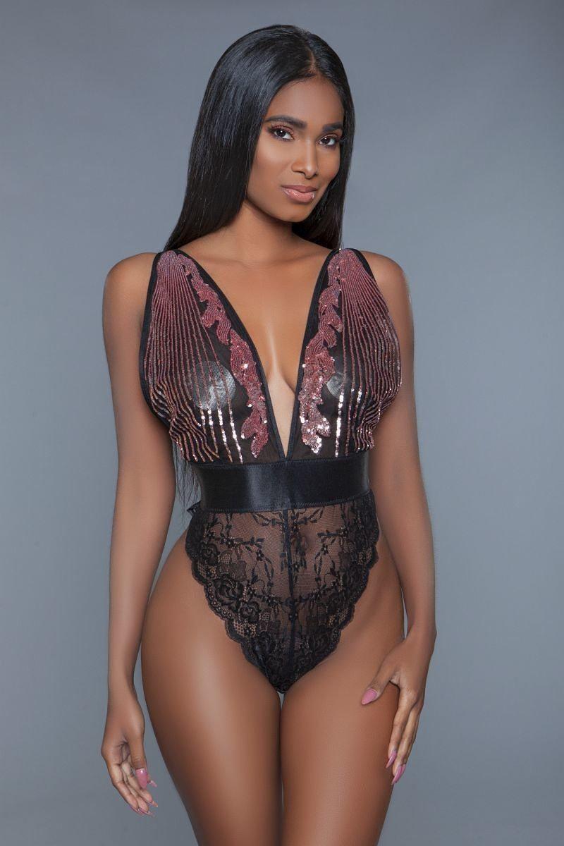 1 Pc. Cut-out Lace Bottoms With Raspberry-pink Sequins Plunging Sheer Neckline-BODYSTOCKING-[Adult]-[Female]-S-Blue Zone Planet