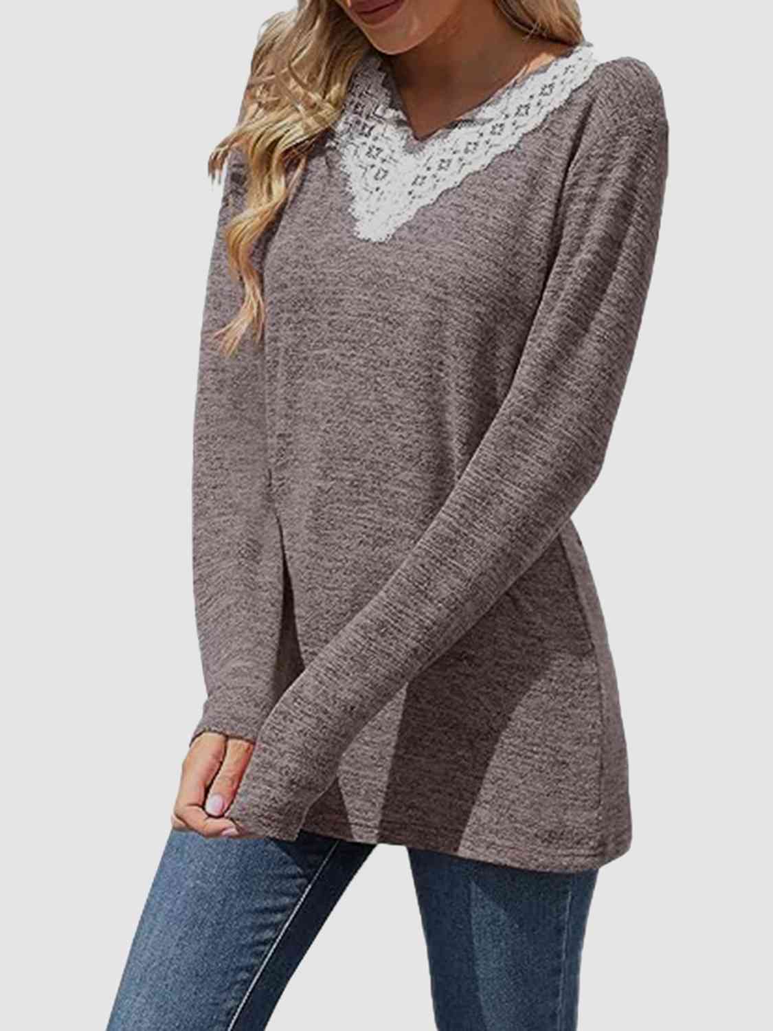 Lace Detail V-Neck Long Sleeve Top BLUE ZONE PLANET