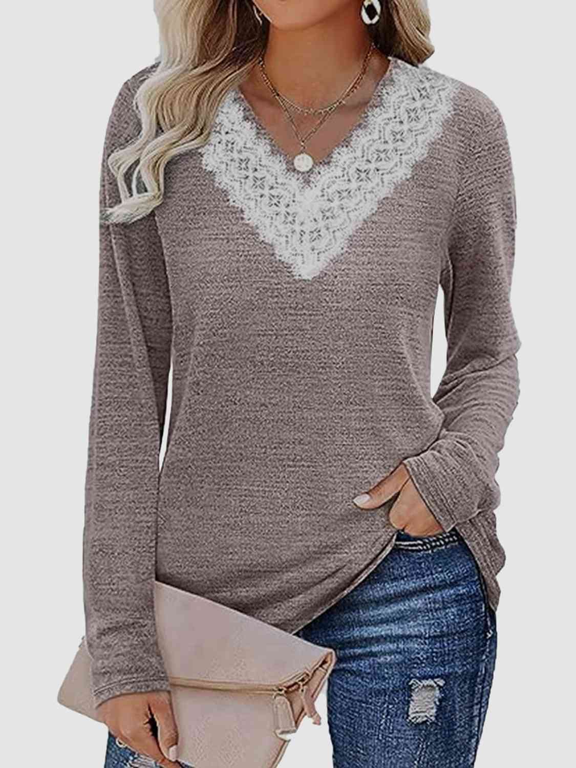 Lace Detail V-Neck Long Sleeve Top BLUE ZONE PLANET