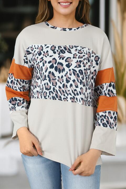 Leopard Long Sleeve Slit T-Shirt BLUE ZONE PLANET