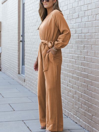 Texture Single Shoulder Tie-Waist Jumpsuit Trendsi