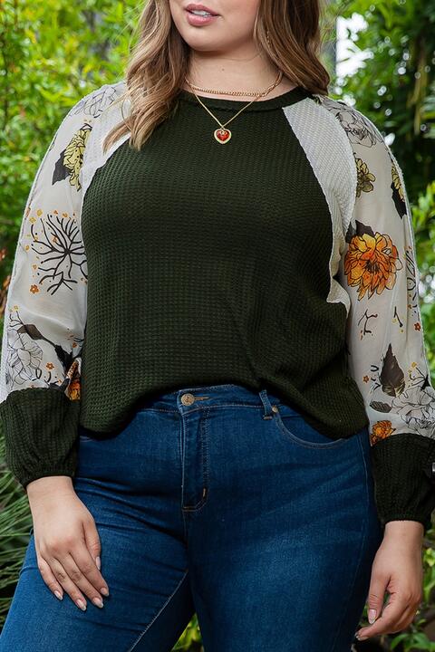 Plus Size Floral Waffle-Knit Round Neck Blouse BLUE ZONE PLANET