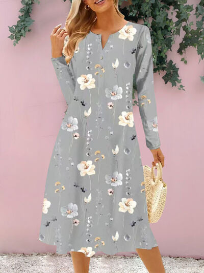 Floral Notched Long Sleeve Midi Dress BLUE ZONE PLANET