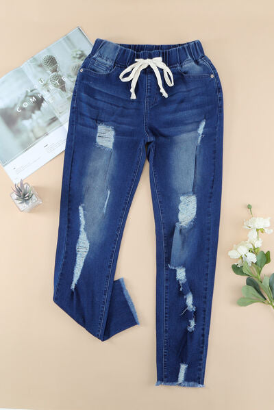 Blue Zone Planet |  Drawstring Distressed Raw Hem Jeans with Pockets BLUE ZONE PLANET