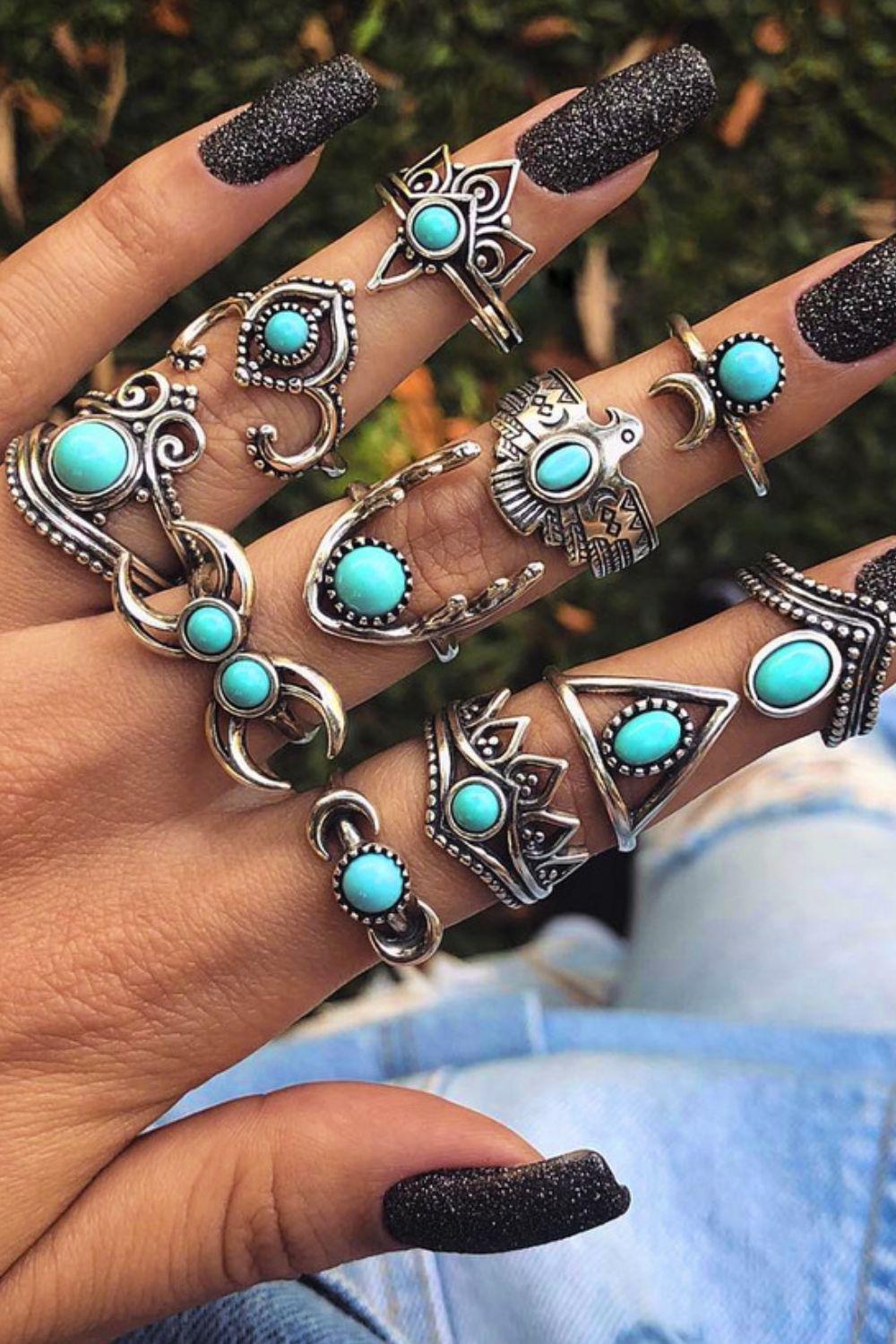 11-Piece Vintage Inlaid Artificial Turquoise Ring Set BLUE ZONE PLANET