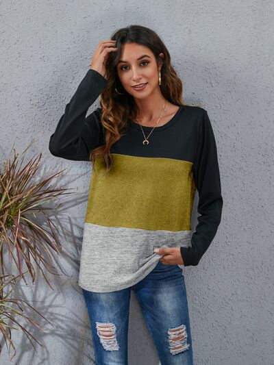 Color Block Round Neck Long Sleeve T-Shirt-TOPS / DRESSES-[Adult]-[Female]-Olive Brown-S-2022 Online Blue Zone Planet